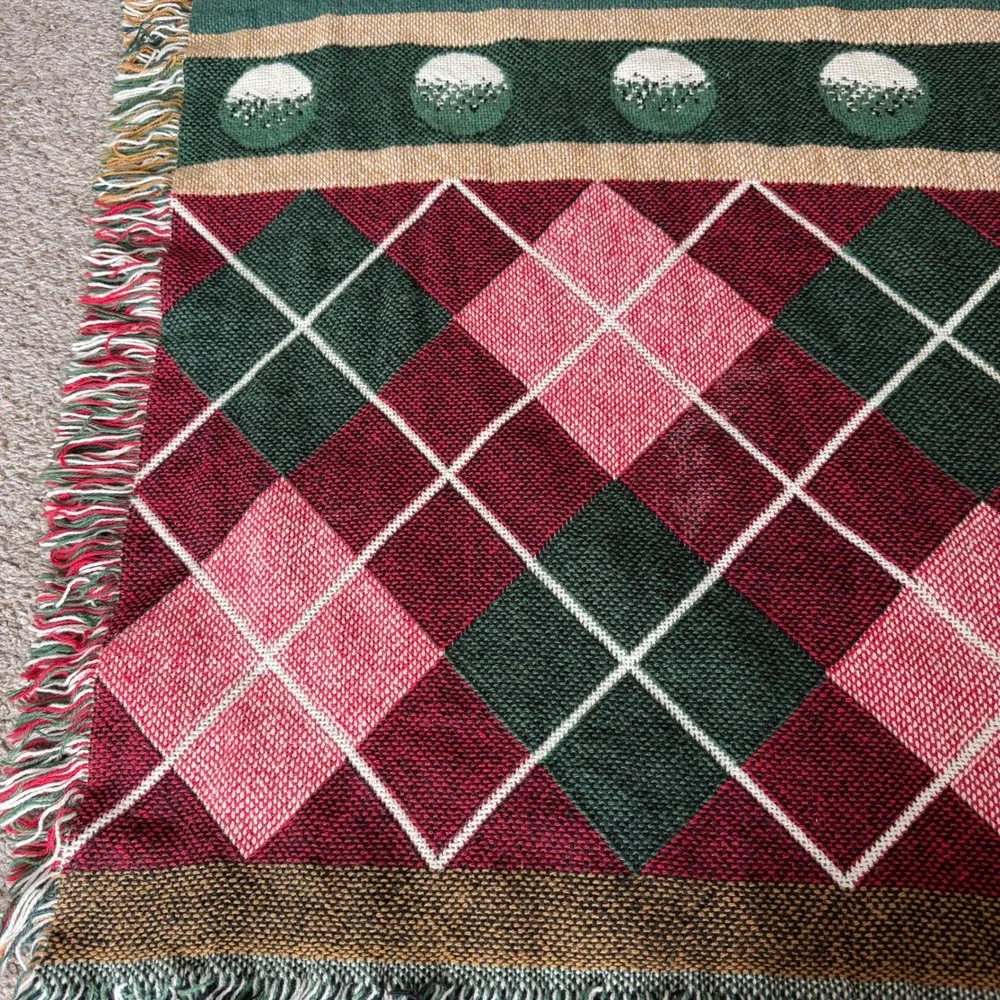 Vintage Golf Woven Cotton Tapestry Throw Blanket Argyle Fringe Made in USA 50x72